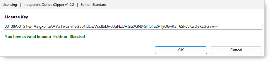 Outlook-Zipper licensing dialog.