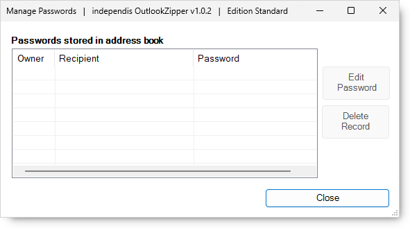 Outlook-Zipper manage passwords dialog.