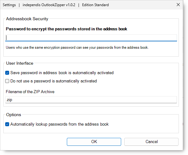 The Outlook-Zipper settings dialog.